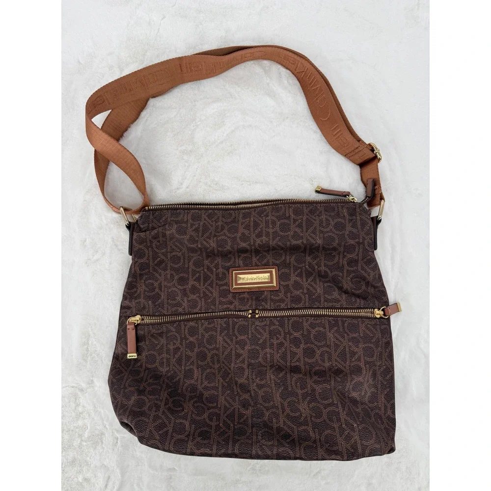 Calvin‎ Klein Crossbody Bag Womens Large Brown Monogram Logo Nylon Bag